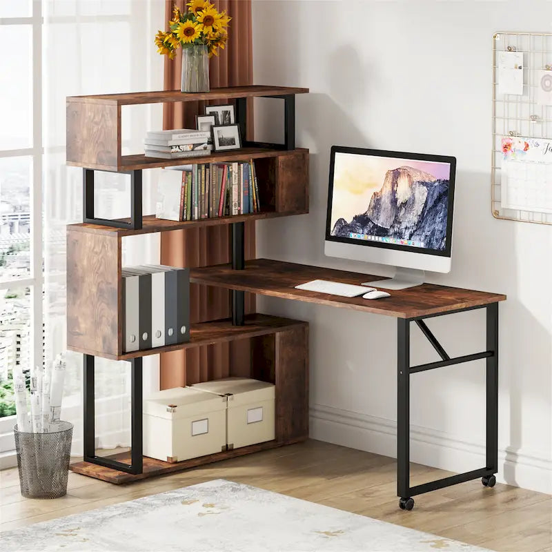 Bureau d'ordinateur en forme de L avec étagère de rangement
