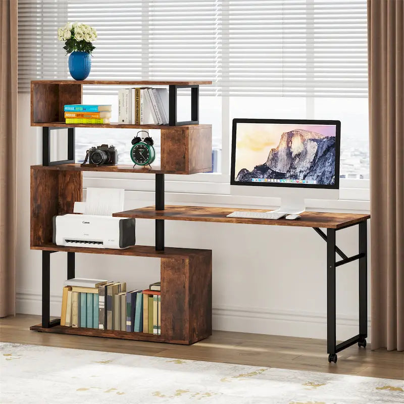 Bureau d'ordinateur en forme de L avec étagère de rangement