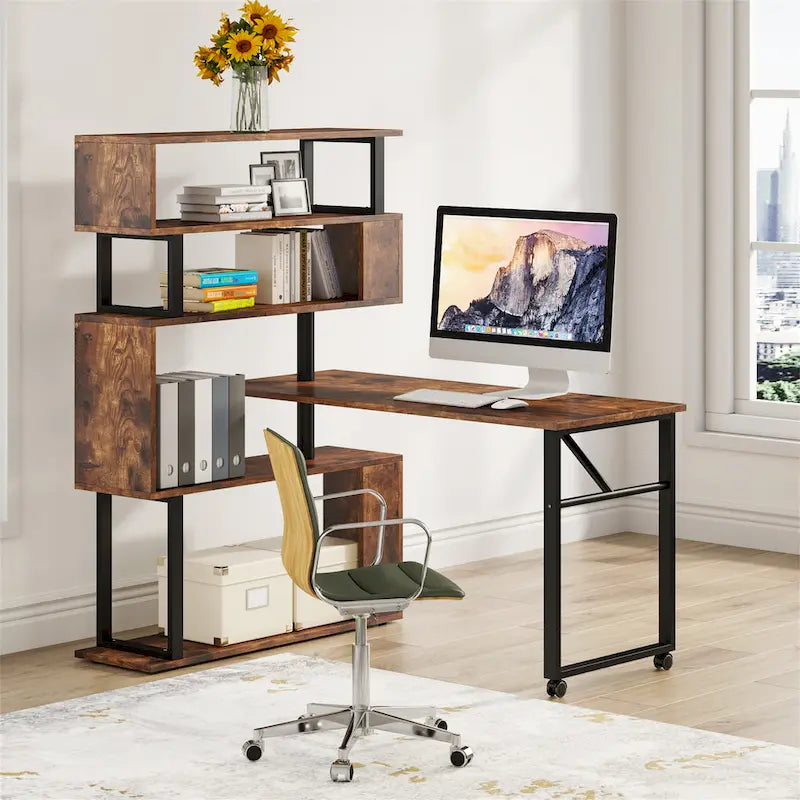 Bureau d'ordinateur en forme de L avec étagère de rangement