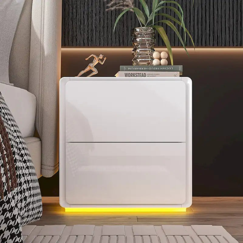 Table de chevet LED blanche moderne, finition brillante, avec 2 tiroirs