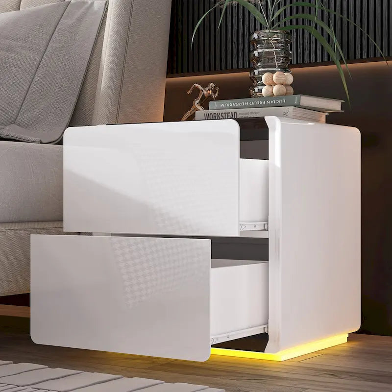 Table de chevet LED blanche moderne, finition brillante, avec 2 tiroirs