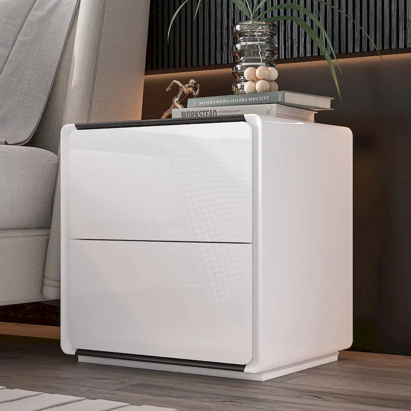 Table de chevet LED blanche moderne, finition brillante, avec 2 tiroirs