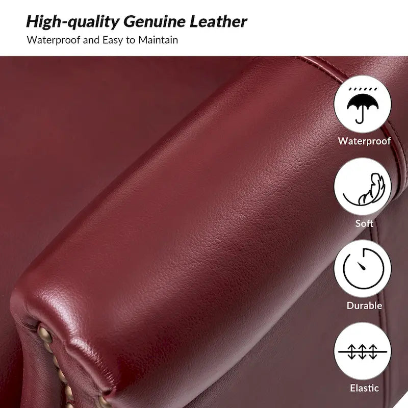 Fauteuil en cuir véritable avec clous décoratifs et coussin amovible