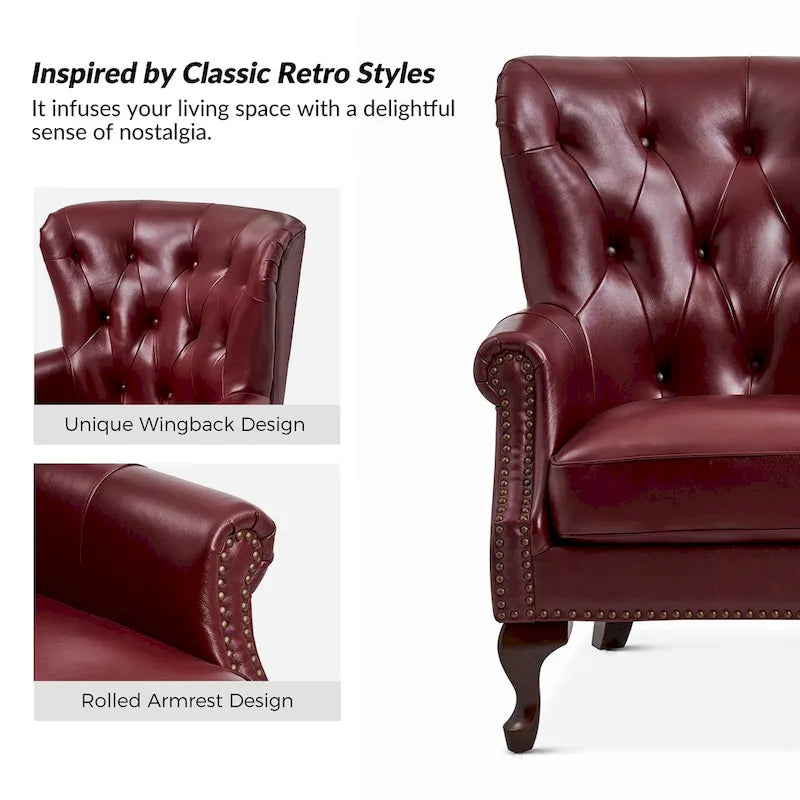 Fauteuil en cuir véritable avec clous décoratifs et coussin amovible