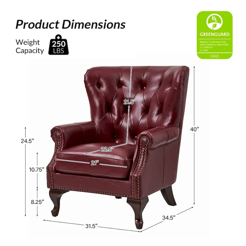 Fauteuil en cuir véritable avec clous décoratifs et coussin amovible