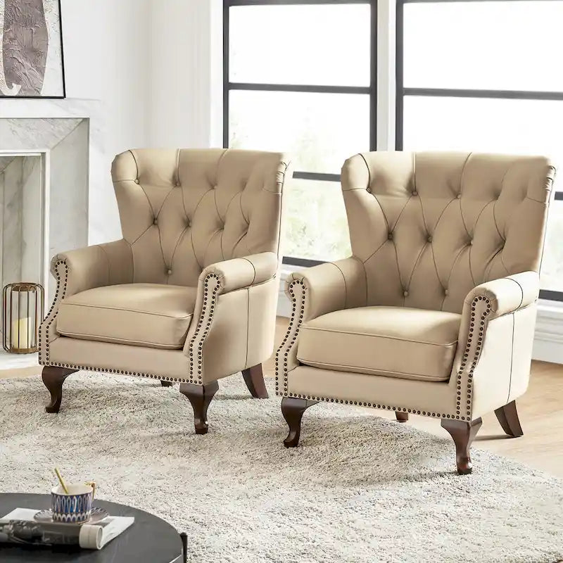 Fauteuil en cuir véritable avec clous décoratifs et coussin amovible