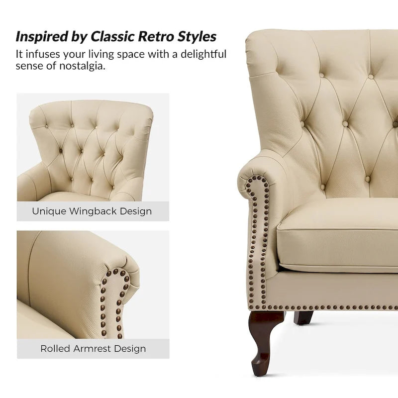 Fauteuil en cuir véritable avec clous décoratifs et coussin amovible