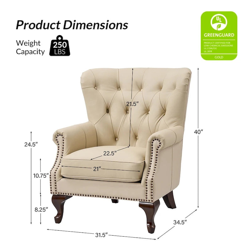 Fauteuil en cuir véritable avec clous décoratifs et coussin amovible