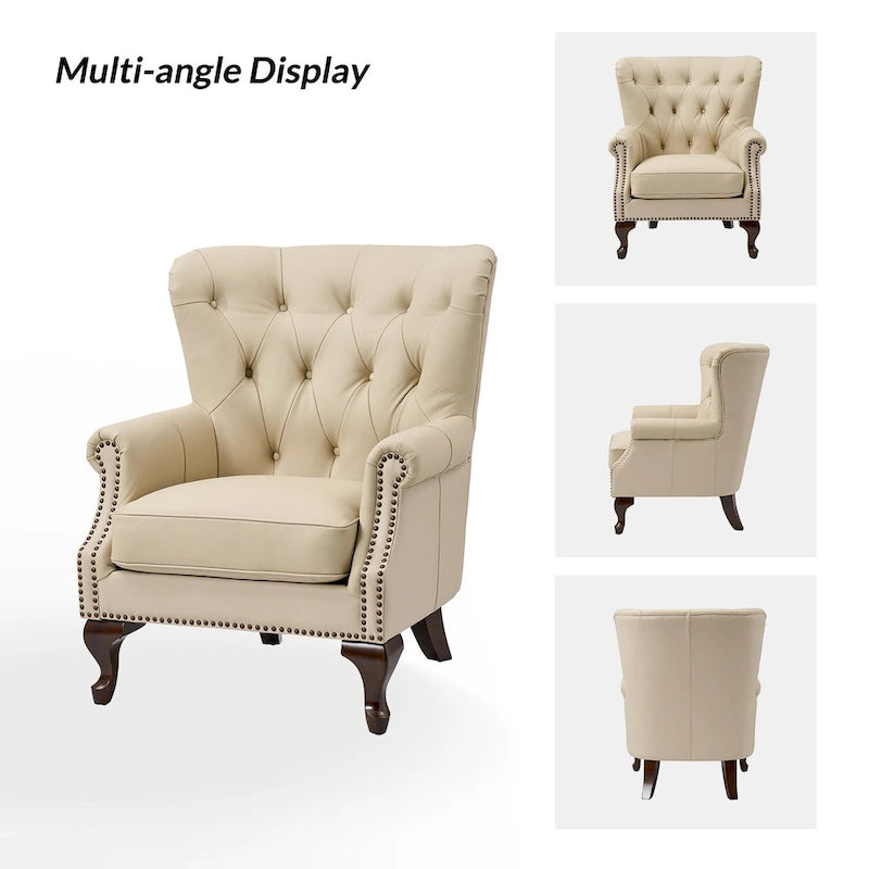 Fauteuil en cuir véritable avec clous décoratifs et coussin amovible