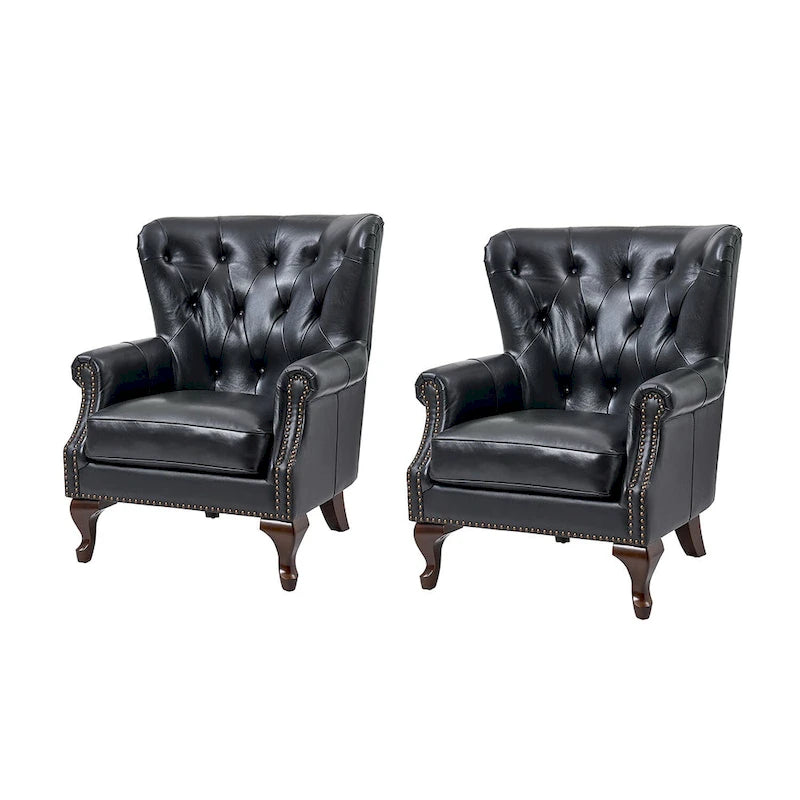 Fauteuil en cuir véritable avec clous décoratifs et coussin amovible