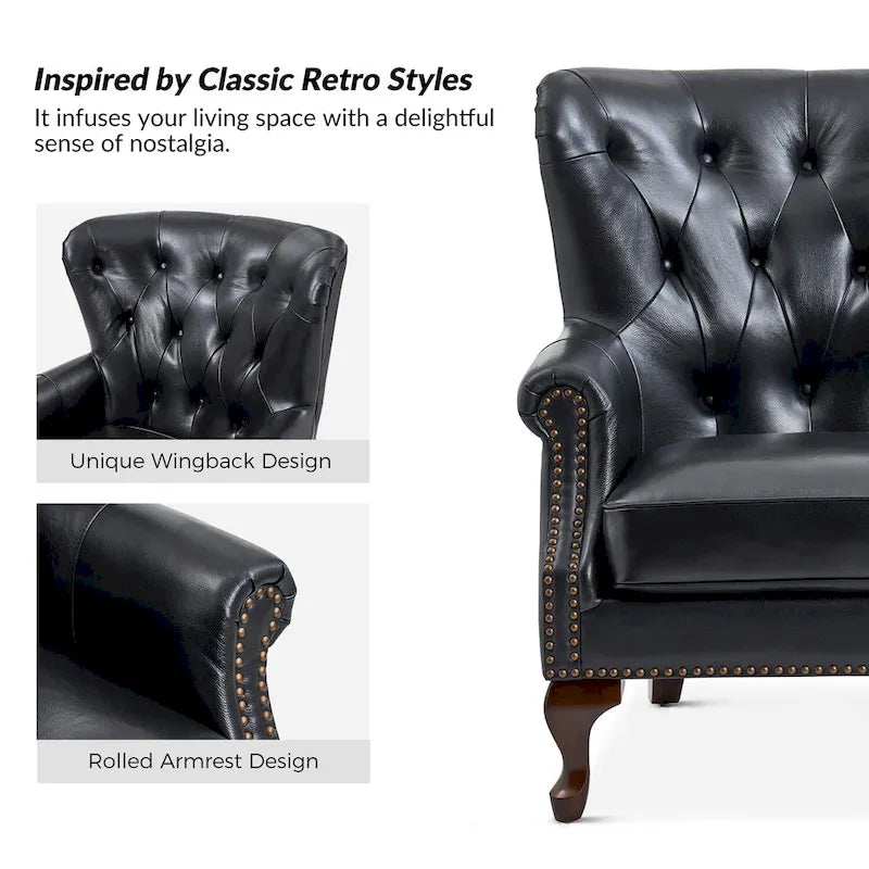 Fauteuil en cuir véritable avec clous décoratifs et coussin amovible