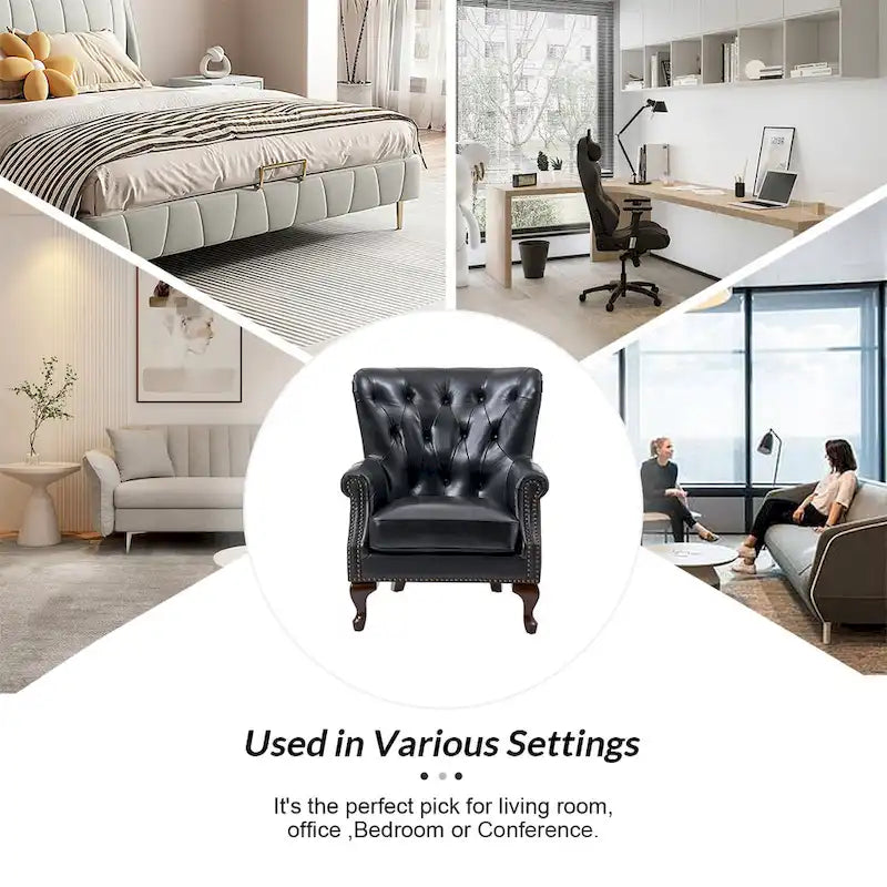 Fauteuil en cuir véritable avec clous décoratifs et coussin amovible