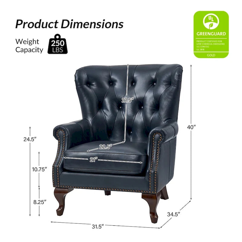 Fauteuil en cuir véritable avec clous décoratifs et coussin amovible