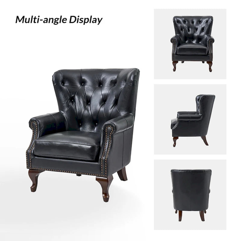 Fauteuil en cuir véritable avec clous décoratifs et coussin amovible