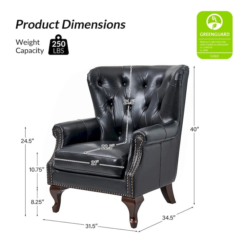 Fauteuil en cuir véritable avec clous décoratifs et coussin amovible