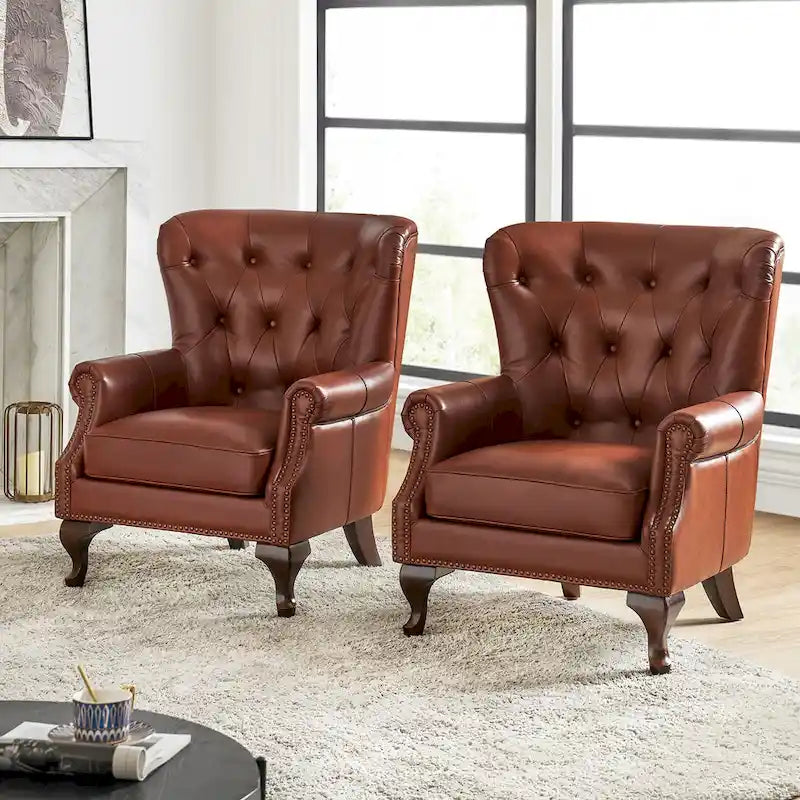 Fauteuil en cuir véritable avec clous décoratifs et coussin amovible