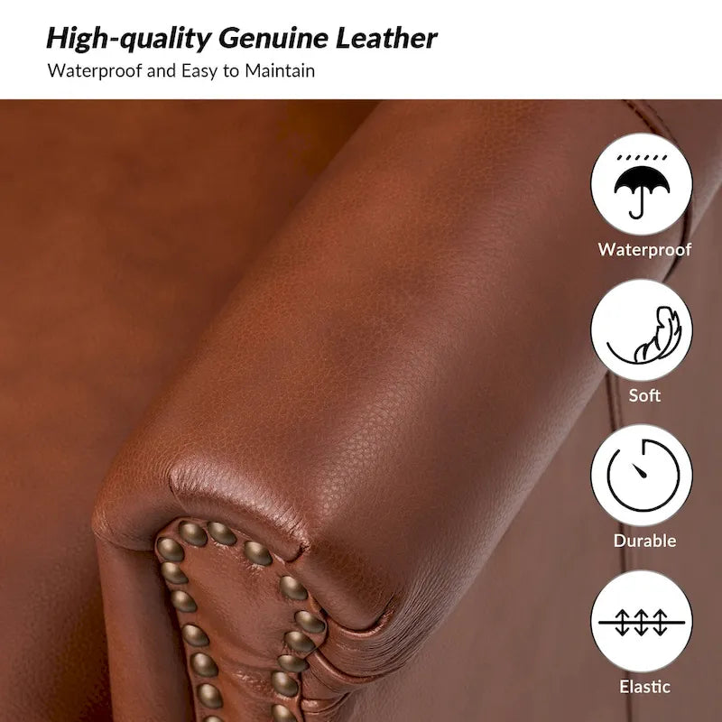 Fauteuil en cuir véritable avec clous décoratifs et coussin amovible