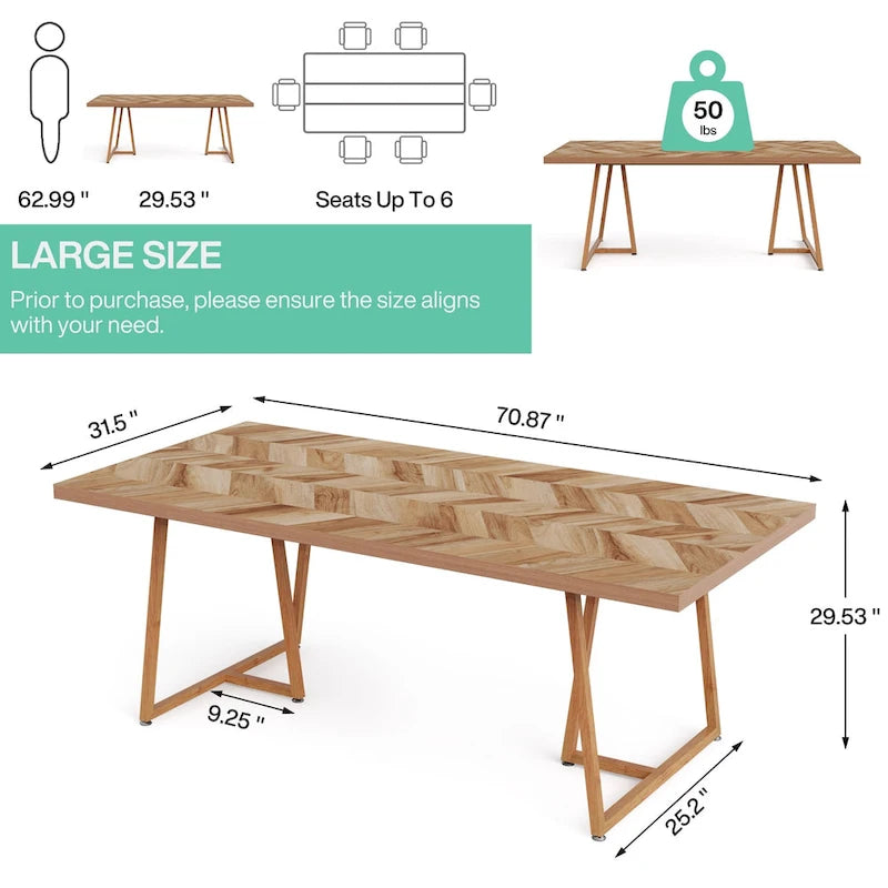 Table à manger rectangulaire en bois de style ferme de 71 po