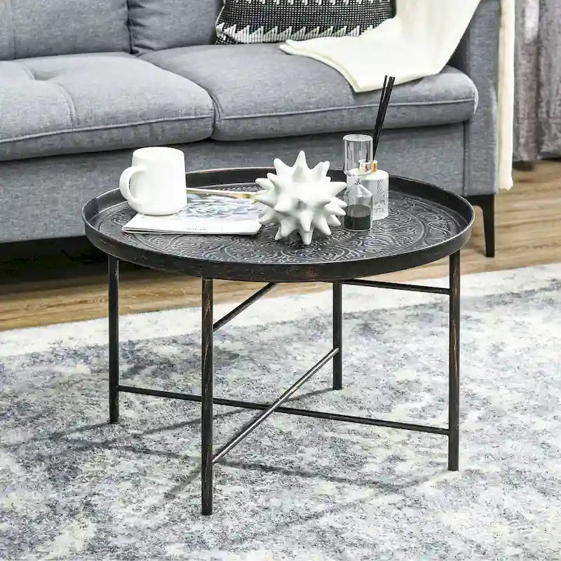 Table basse ronde de 24 po avec plateau en métal martelé, style vintage