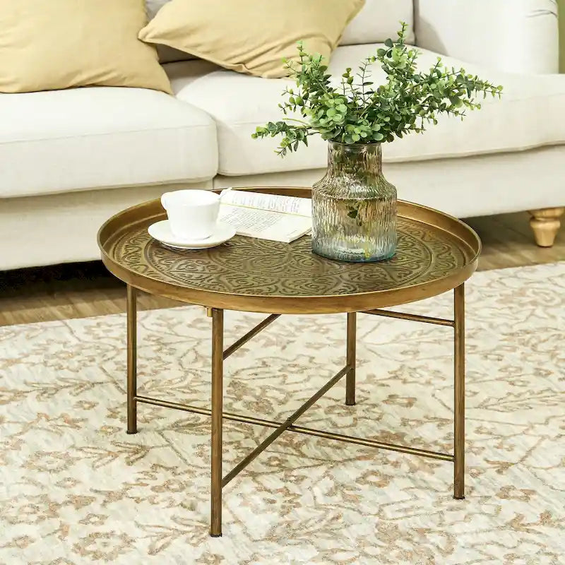 Table basse ronde de 24 po avec plateau en métal martelé, style vintage