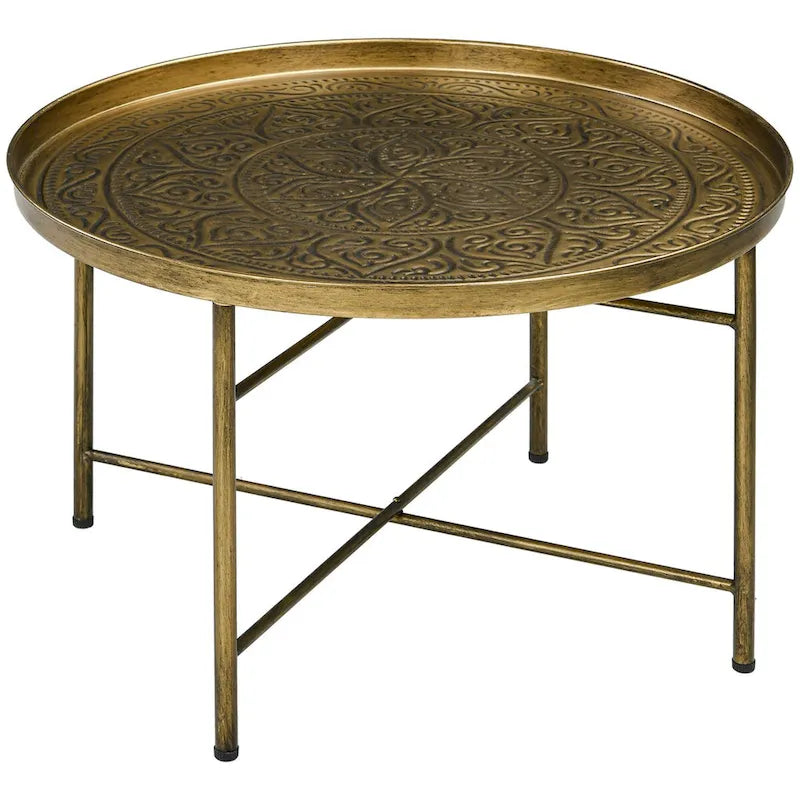 Table basse ronde de 24 po avec plateau en métal martelé, style vintage