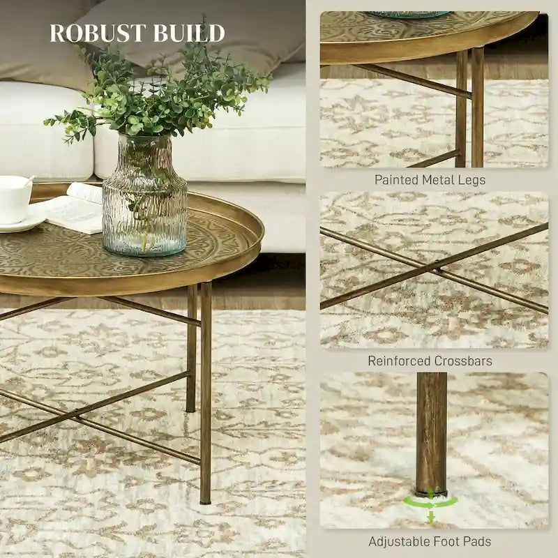 Table basse ronde de 24 po avec plateau en métal martelé, style vintage