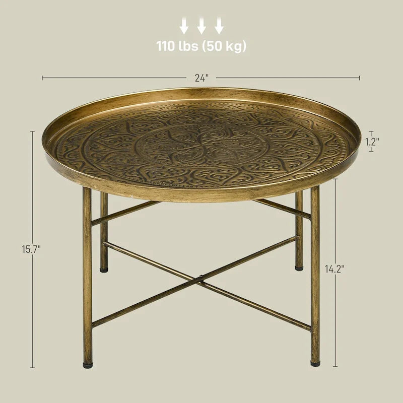Table basse ronde de 24 po avec plateau en métal martelé, style vintage