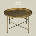Table basse ronde de 24 po avec plateau en métal martelé, style vintage