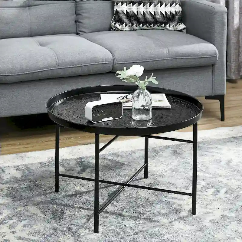 Table basse ronde de 24 po avec plateau en métal martelé, style vintage