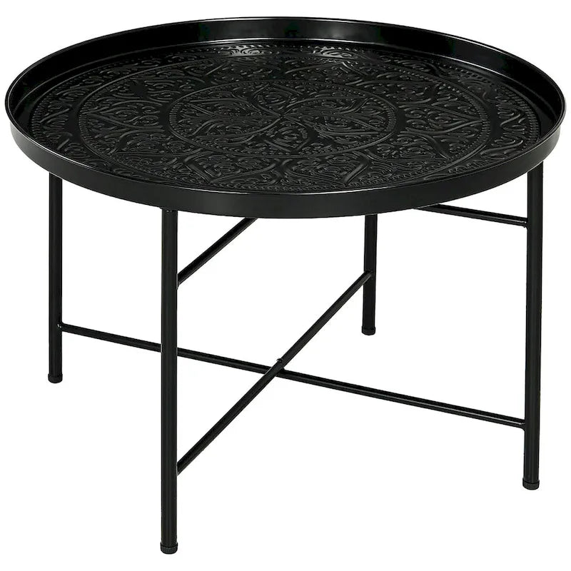 Table basse ronde de 24 po avec plateau en métal martelé, style vintage
