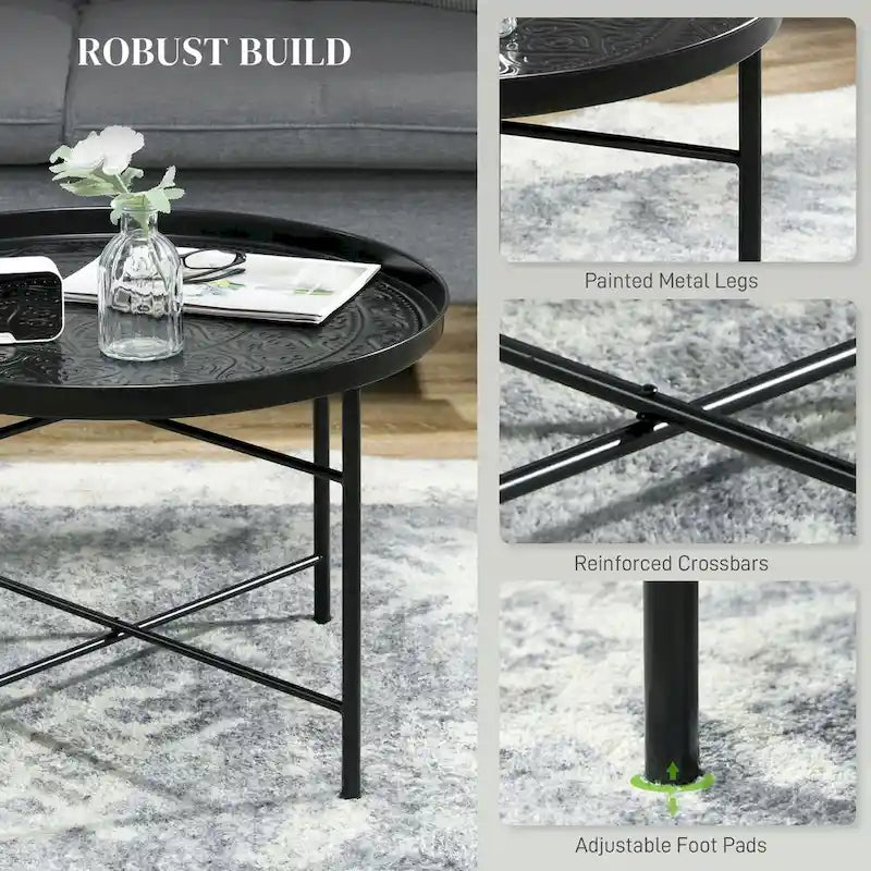 Table basse ronde de 24 po avec plateau en métal martelé, style vintage