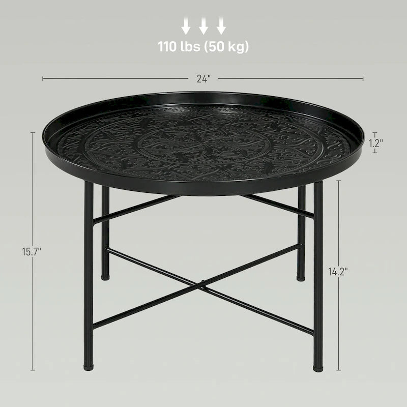 Table basse ronde de 24 po avec plateau en métal martelé, style vintage