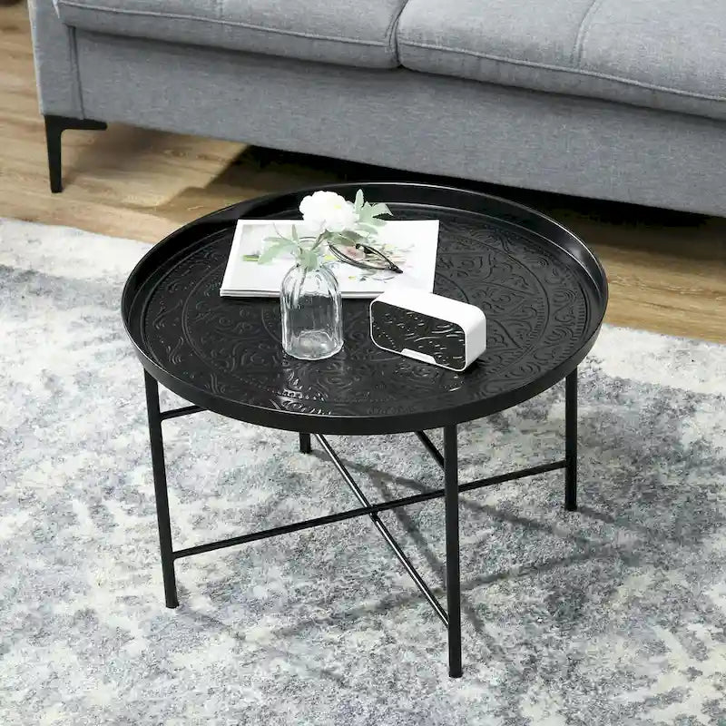 Table basse ronde de 24 po avec plateau en métal martelé, style vintage