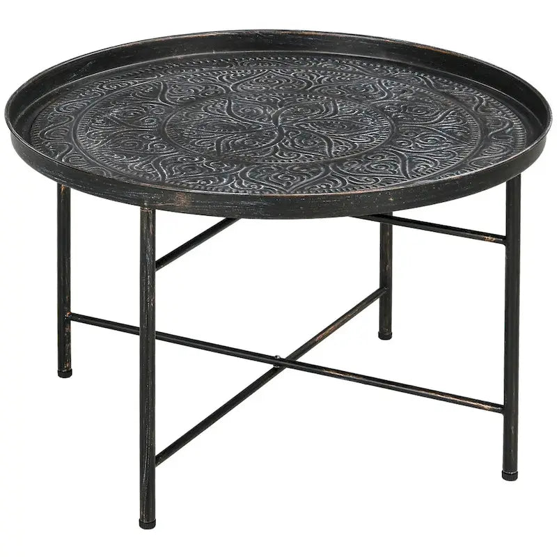 Table basse ronde de 24 po avec plateau en métal martelé, style vintage
