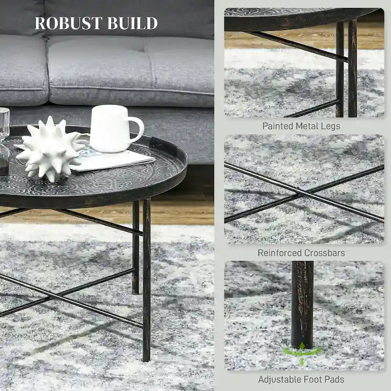 Table basse ronde de 24 po avec plateau en métal martelé, style vintage