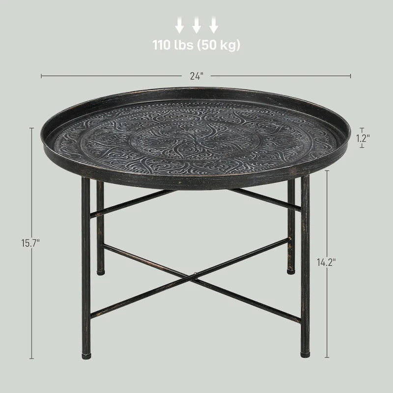 Table basse ronde de 24 po avec plateau en métal martelé, style vintage