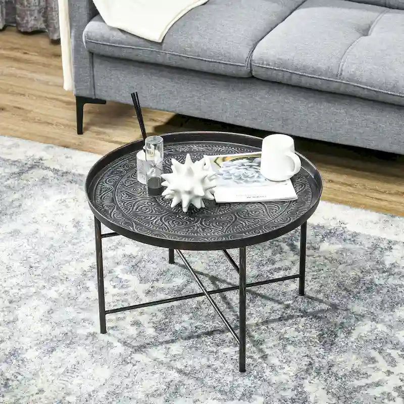 Table basse ronde de 24 po avec plateau en métal martelé, style vintage