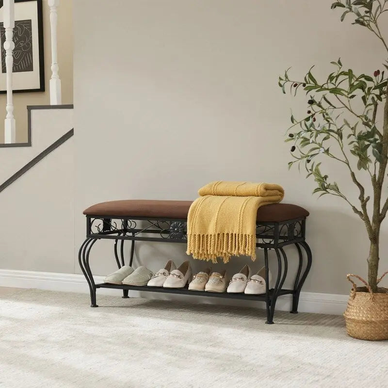 Banc range-chaussures 2 niveaux avec assise rembourrée et rangement ouvert