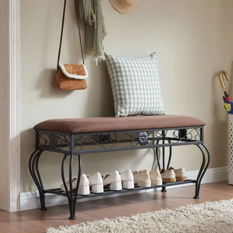 Banc range-chaussures 2 niveaux avec assise rembourrée et rangement ouvert