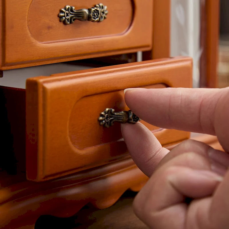 Boîte à bijoux en bois massif avec 5 tiroirs, crochets pour colliers et miroir, marron