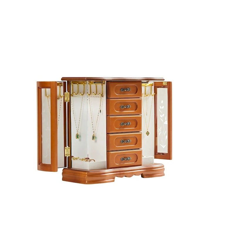 Boîte à bijoux en bois massif avec 5 tiroirs, crochets pour colliers et miroir, marron