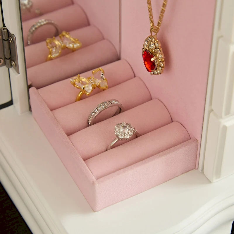 Boîte à bijoux en bois massif avec 5 tiroirs, crochets pour colliers et miroir, marron
