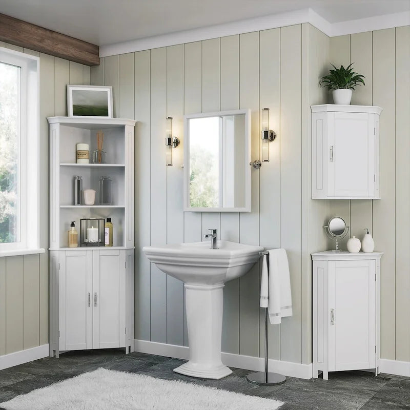 Meuble de rangement d'angle pour salle de bain avec portes et étagère réglable - Blanc