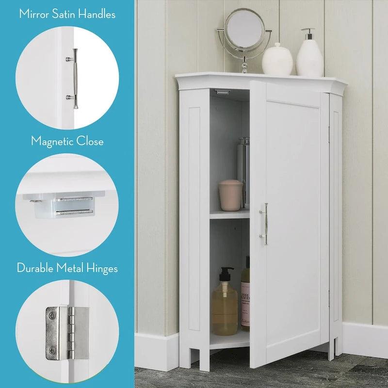 Meuble de rangement d'angle pour salle de bain avec portes et étagère réglable - Blanc