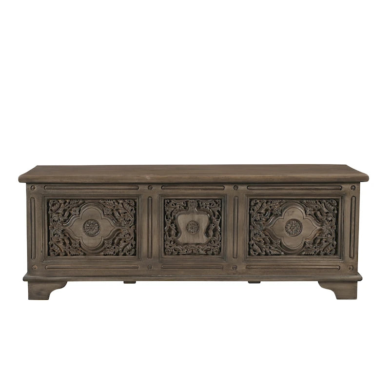 Pouffe de rangement en bois massif sculpté