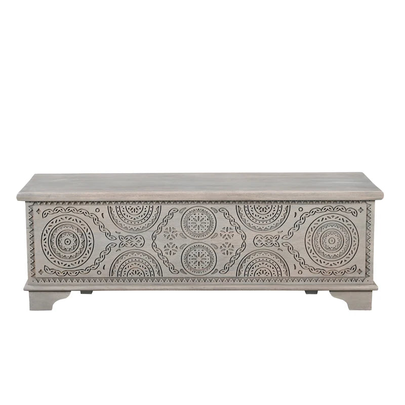 Pouffe de rangement en bois massif sculpté