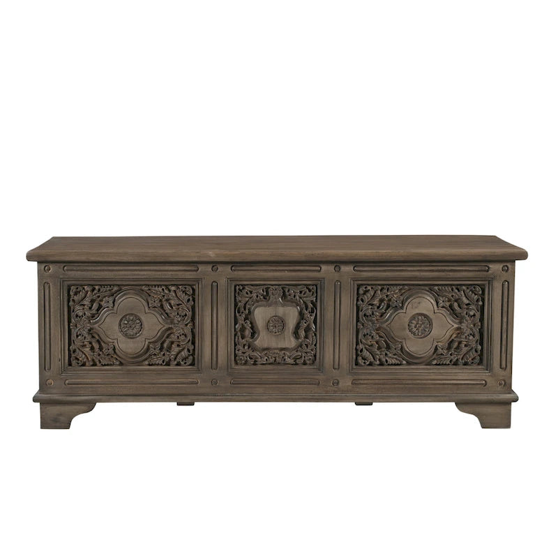 Pouffe de rangement en bois massif sculpté