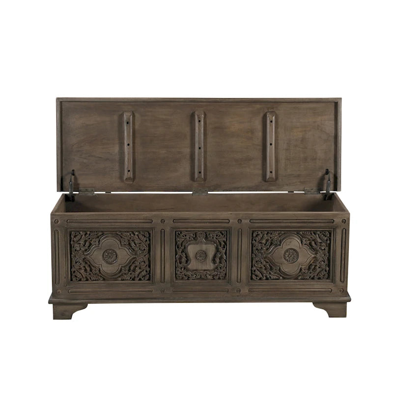 Pouffe de rangement en bois massif sculpté